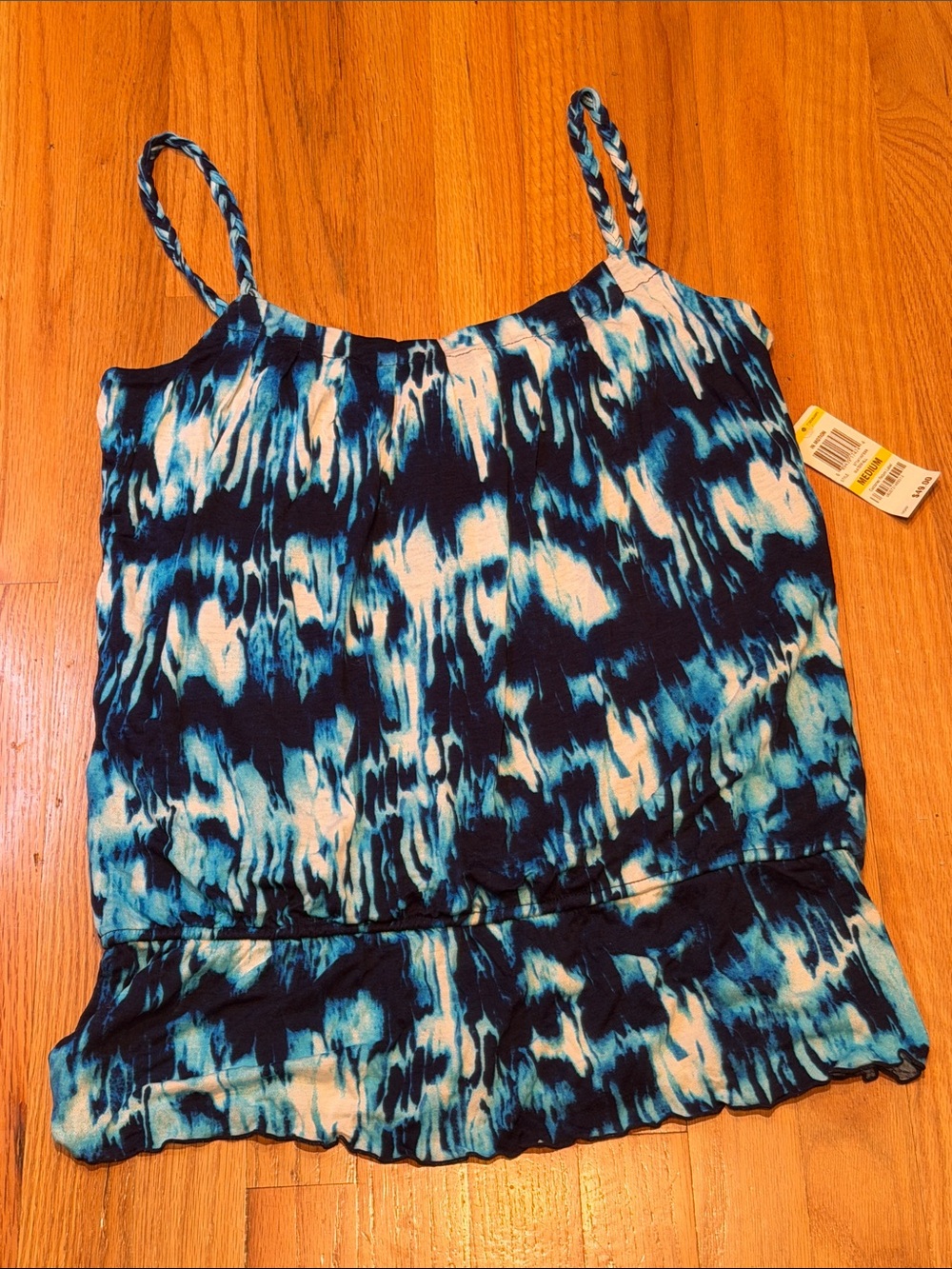 INC In Motion Medium Blue Tie-Dye Peplum Tank Top Braided Spaghetti Strap NWT